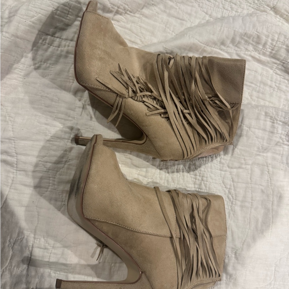 JustFab Tan Ankle Boots with Fringe Detail and High Heel